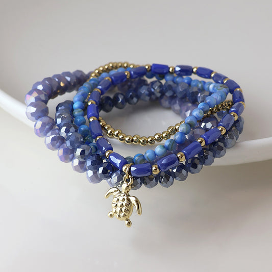 POM Blue and Gold Bead Bracelet Stack with Gold Turtle Charm