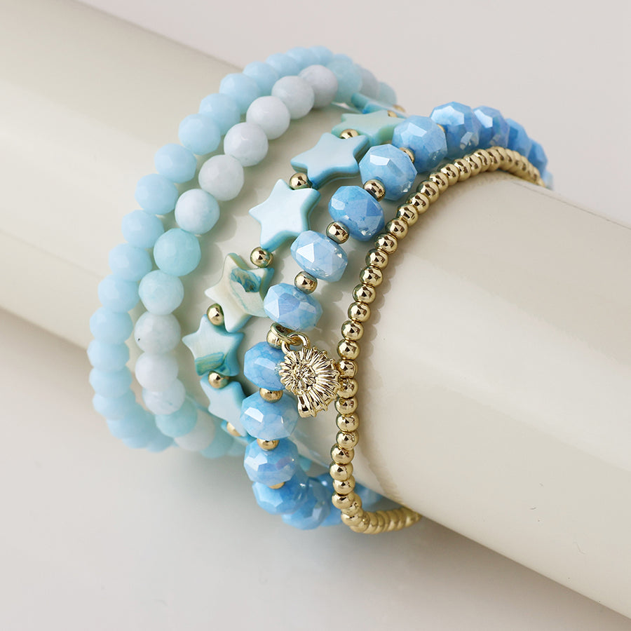 POM Blue and Gold Bead Bracelet Stack with Gold Shell Charm