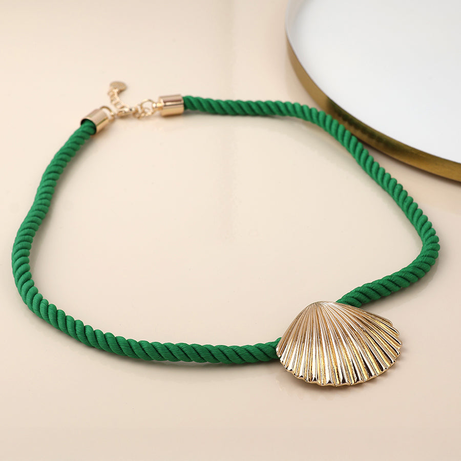 POM Golden Green Cord Clam Shell Necklace