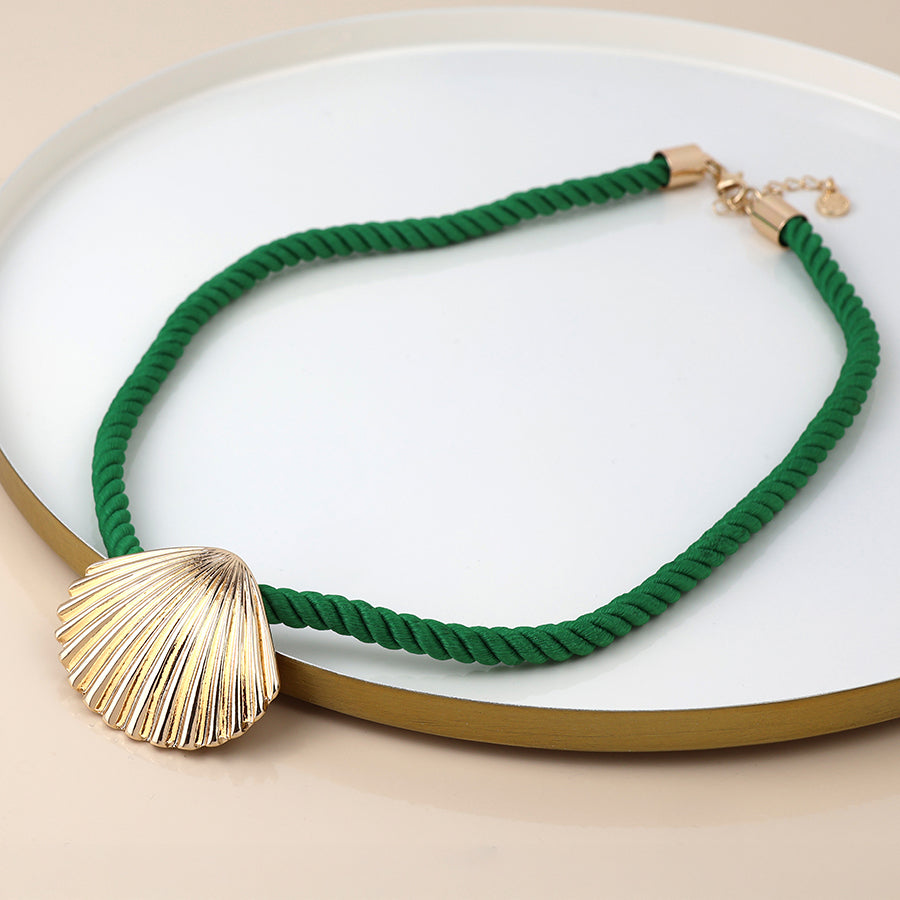 POM Golden Green Cord Clam Shell Necklace