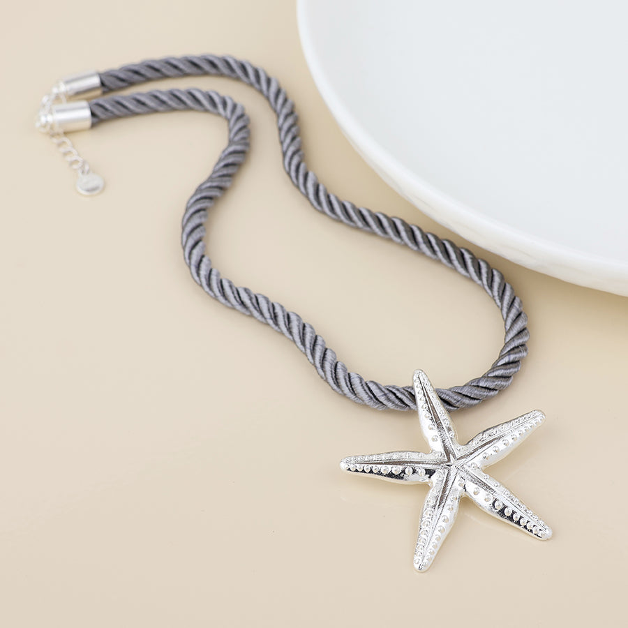 POM Silver Plated Grey Cord Starfish Necklace