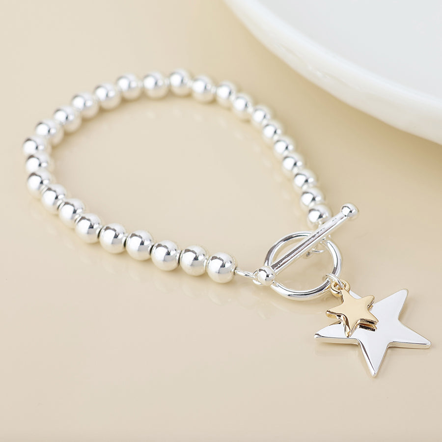 POM Silver and Gold Plated Double Star Charm Bracelet