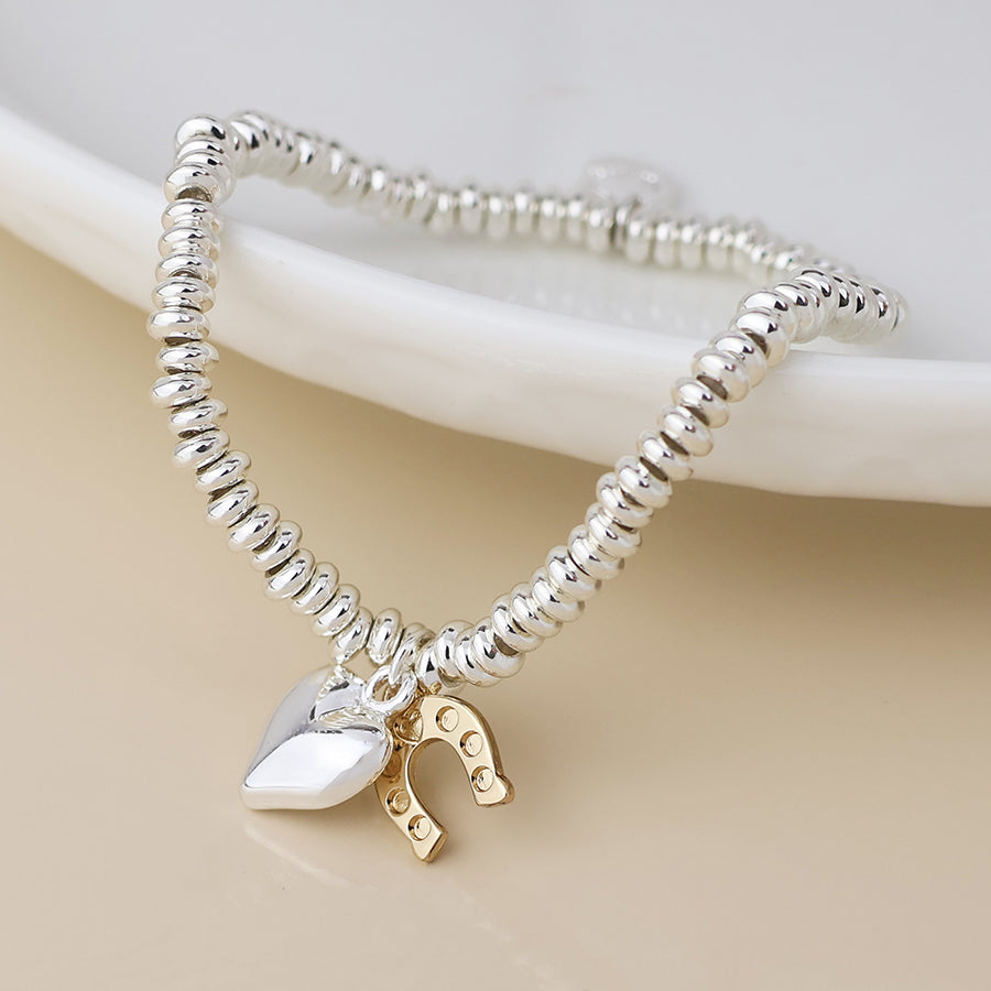 POM Silver Plated Bead, Heart and Golden Horse Shoe Charm Bracelet