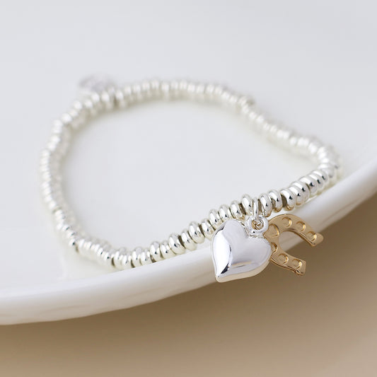 POM Silver Plated Bead, Heart and Golden Horse Shoe Charm Bracelet
