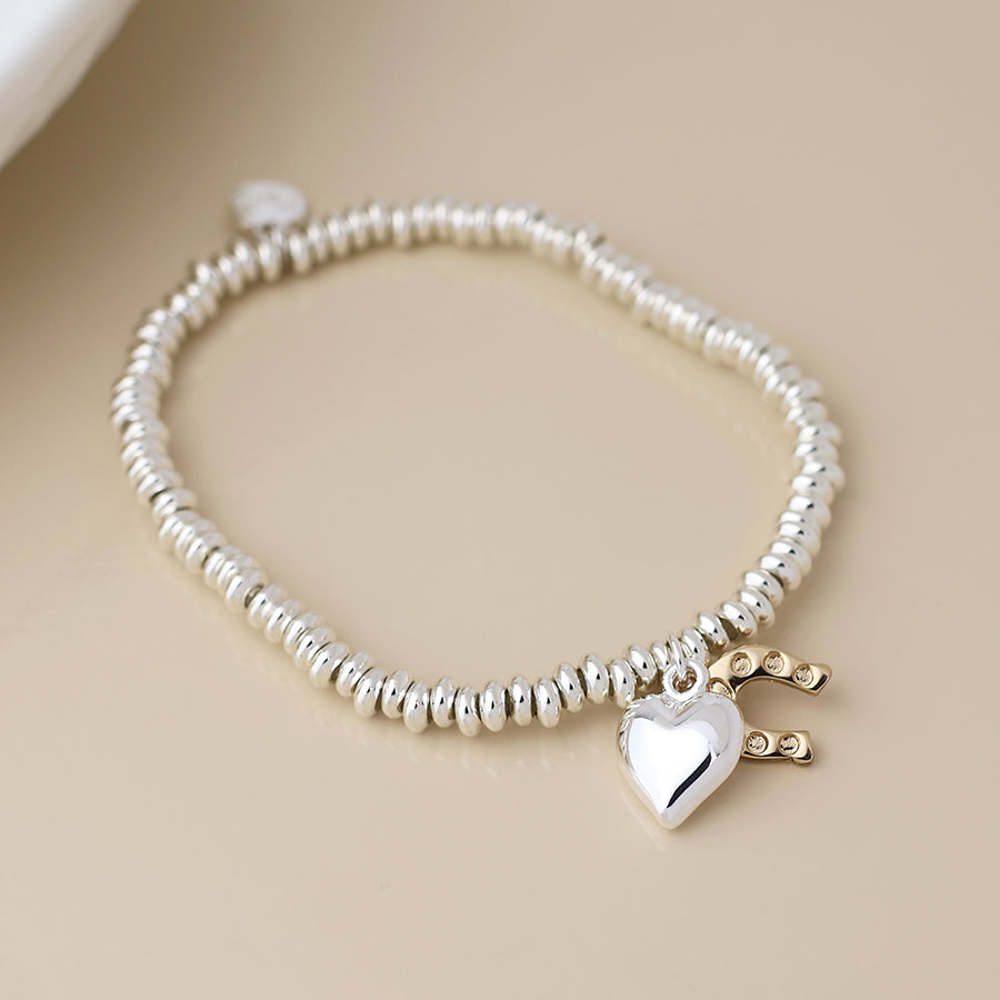 POM Silver Plated Bead, Heart and Golden Horse Shoe Charm Bracelet