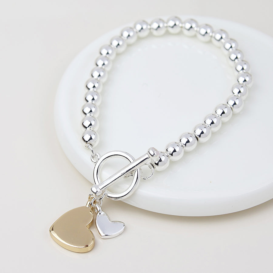 POM Silver Plated Stretch Beaded and Double Hearts Charm Bracelet