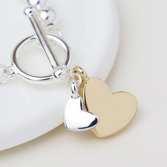 POM Silver Plated Stretch Beaded and Double Hearts Charm Bracelet