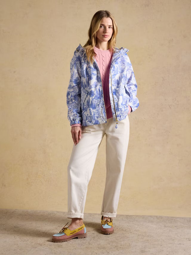 Rainly Cream & Blue Waterproof Packable Raincoat with Hood