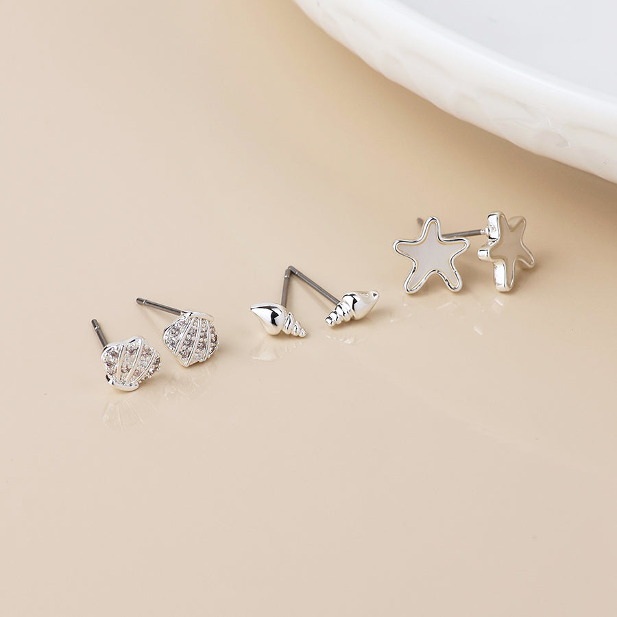 POM Silver Plated Sea Life Triple Set of Earring Studs