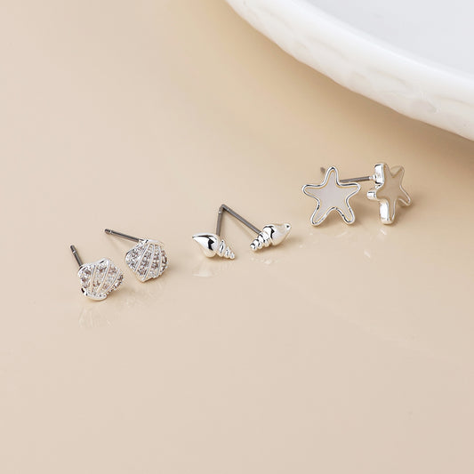 POM Silver Plated Sea Life Triple Set of Earring Studs