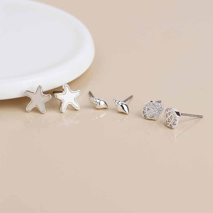 POM Silver Plated Sea Life Triple Set of Earring Studs