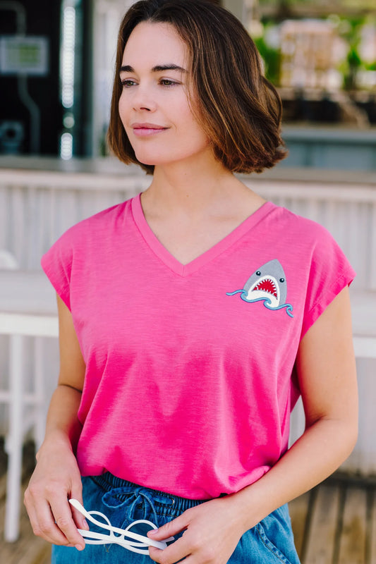 Sugarhill Ariana V-Neck Tank T-shirt - Pink, Fin-tastic Shark