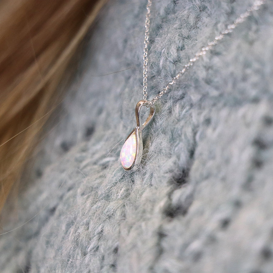 POM Sterling Silver Round Synth Blue Opal Teardrop Pendant Necklace