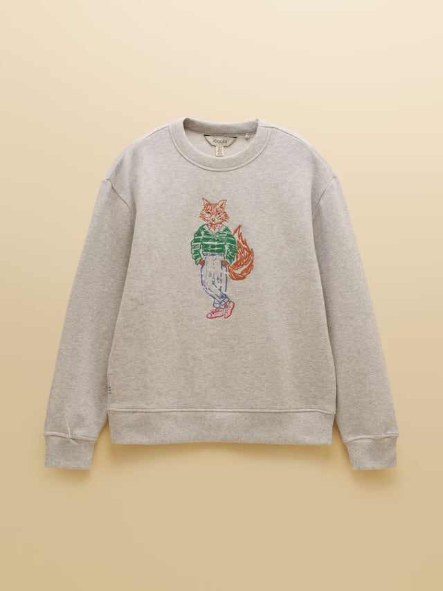 Grey Marl Jonty Fox Embroidered Cotton Crew Neck Sweatshirt