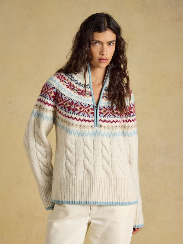 Joules Cream Cable Allaway Knit Fair Isle Half Zip Jumper