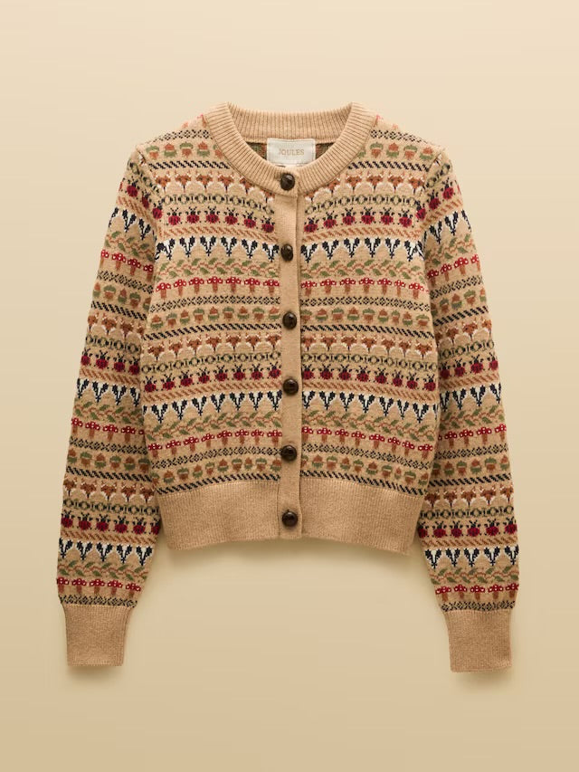 Joules Woodland Pattern Oatmeal Cotton Blend Knitted Cardigan
