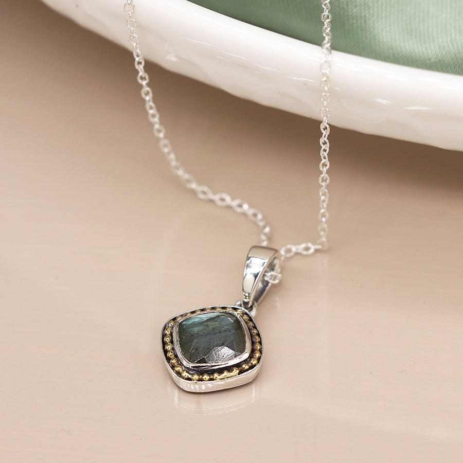 POM  Labradorite Sterling Silver Necklace with Brass Dotted Border