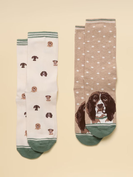 Joules Women's Everyday Neutral Spaniel Cotton Blend Socks 2 Pack (size 4-8)