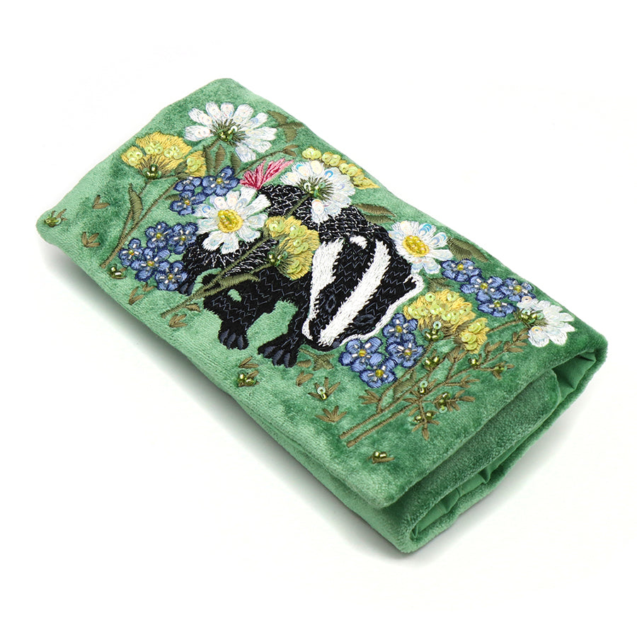 POM Green Floral and Badger Embroidered Velvet Jewellery Roll
