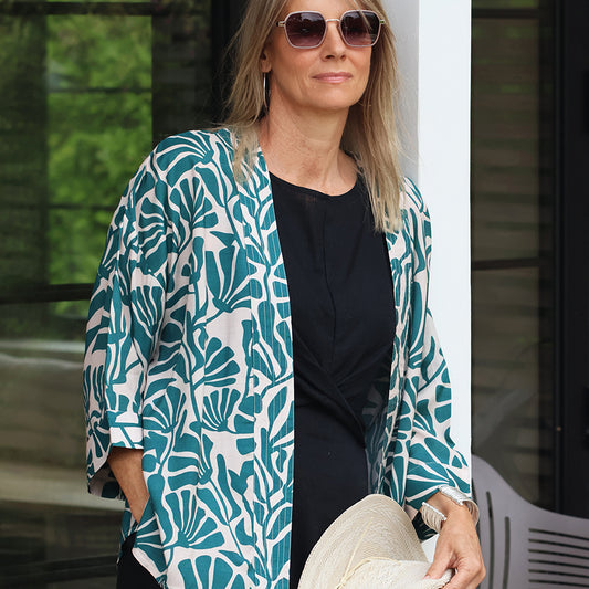 POM Teal Silheoutte Print Kimono