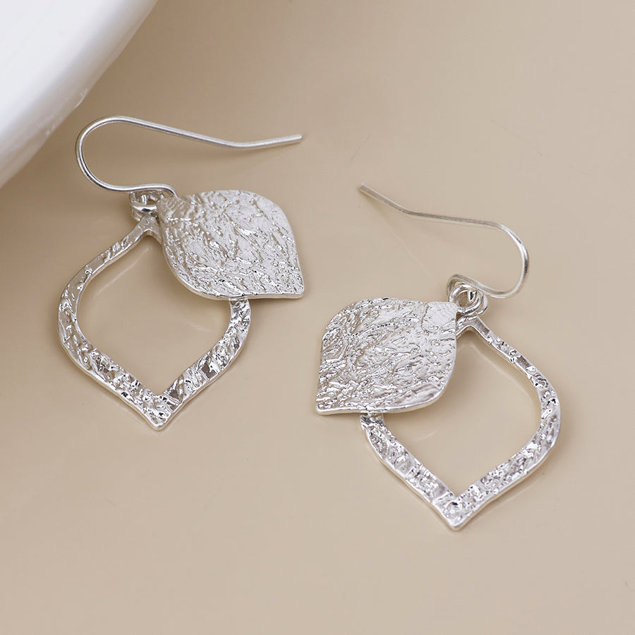 POM Halo Silver foil textured layered leaf drop earrings