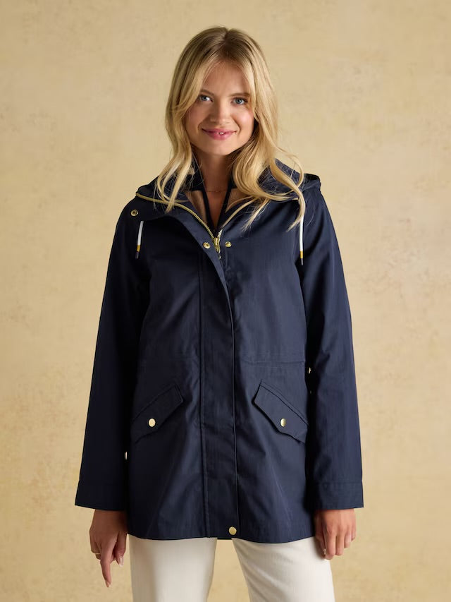 Joules Portwell Navy Blue Waterproof Raincoat With Hood and Adjustable Waist
