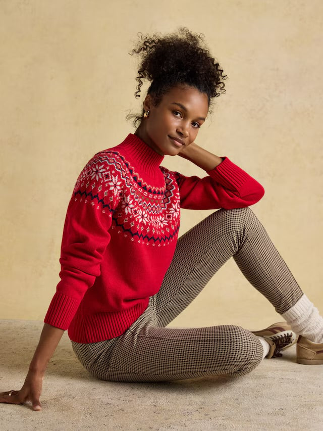 Joules Alba Red Fairisle High Neck Cotton Blend Jumper