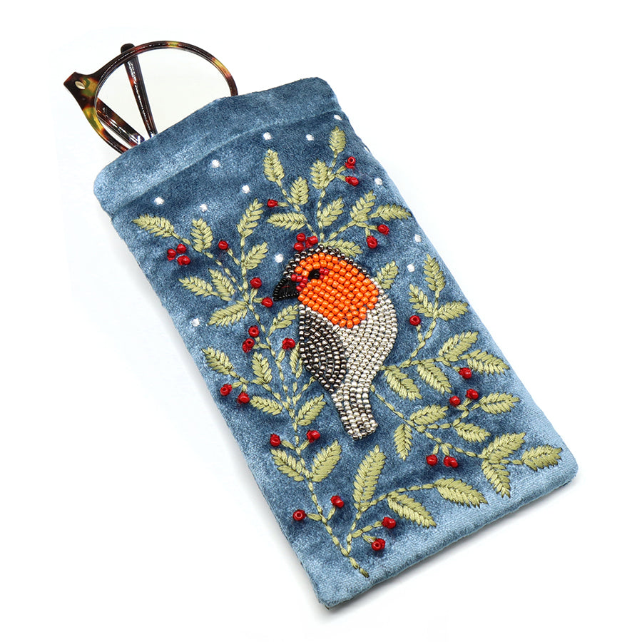 POM Blue velvet robin and embroidered holly glasses case