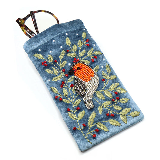 POM Blue velvet robin and embroidered holly glasses case
