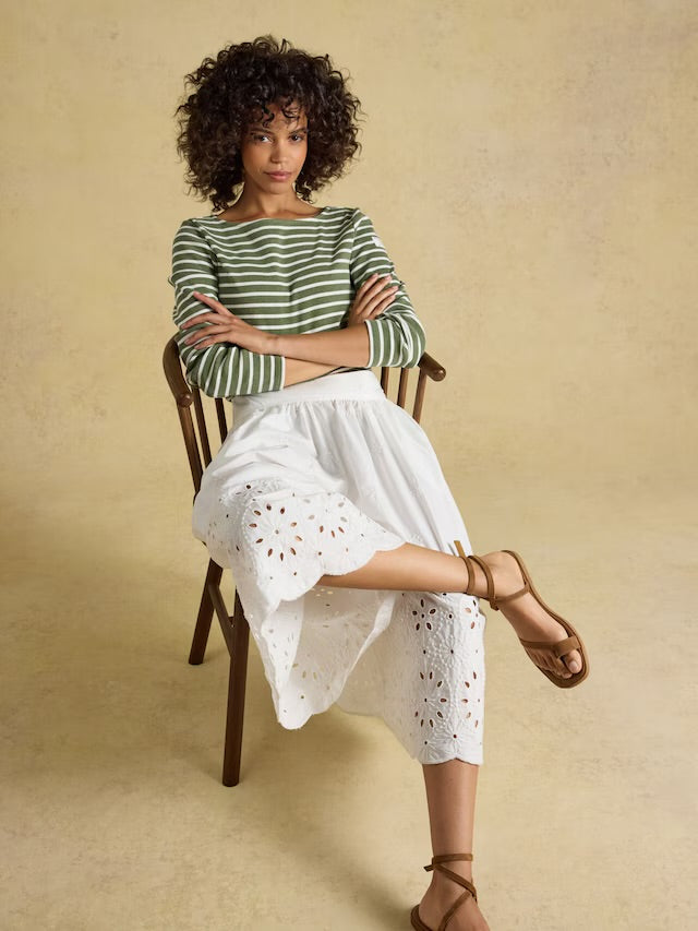 Joules Harbour Khaki Marl & Cream Stripe Long Sleeve Striped Boat Neck Breton Top