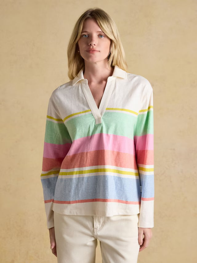 Tallie White & Multi Striped Cotton Jersey Top With Collar