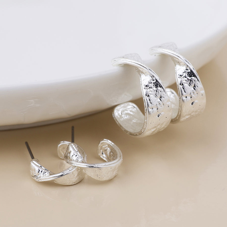 POM Molten silver plated worn textured twist hoop duo