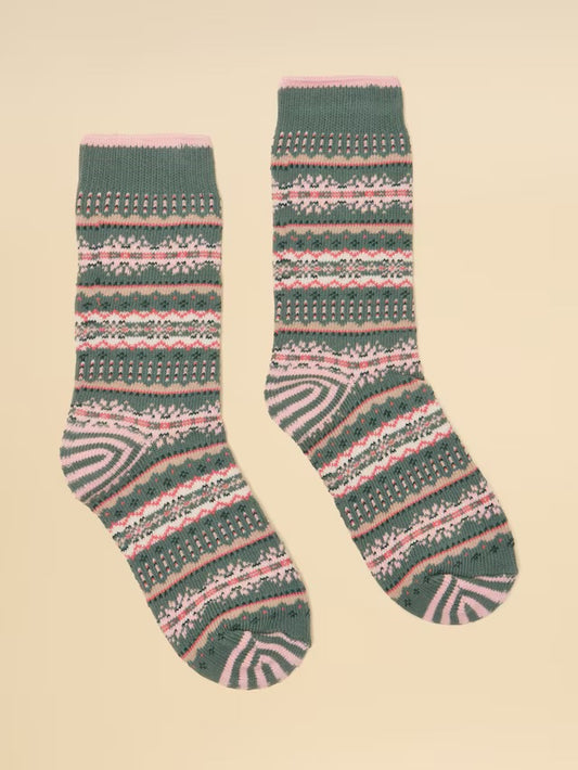 Joules Women's Lucille Khaki Green Fair Isle Socks (size 4-8)