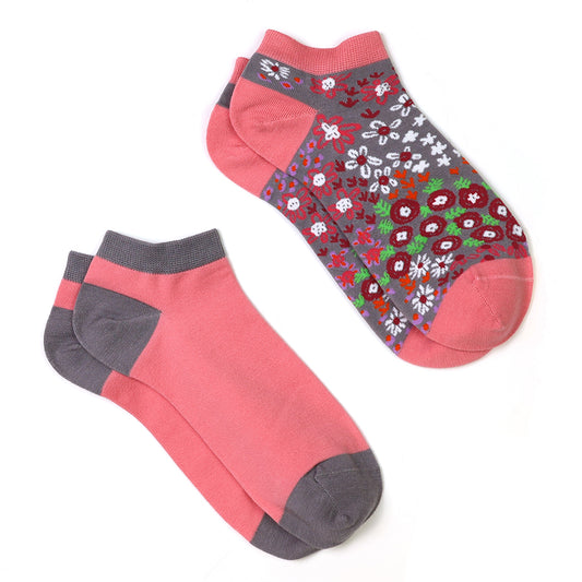 POM Pink/Grey Floral Two Pair Pack Trainer Socks