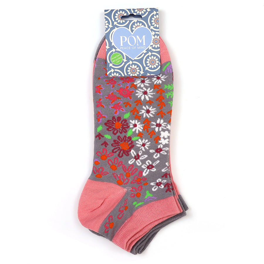 POM Pink/Grey Floral Two Pair Pack Trainer Socks