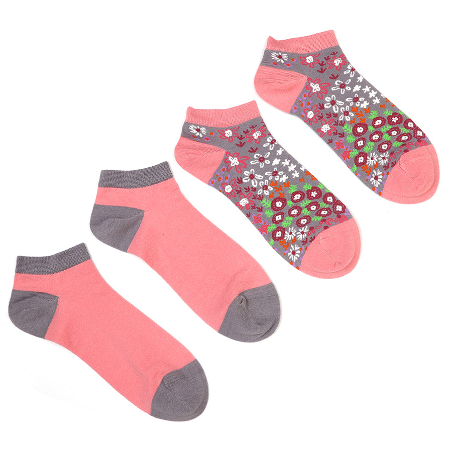 POM Pink/Grey Floral Two Pair Pack Trainer Socks