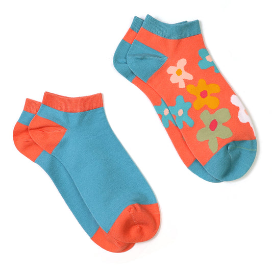 POM Turquoise/ Peach Floral Two Pair Pack Trainer Socks