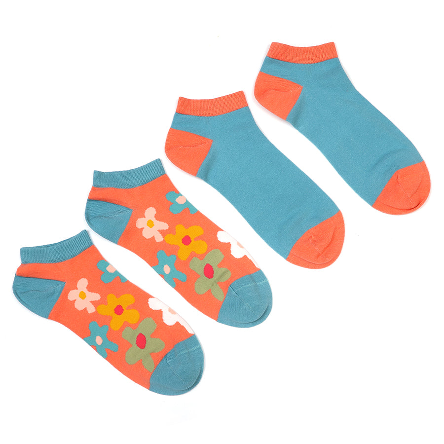 POM Turquoise/ Peach Floral Two Pair Pack Trainer Socks