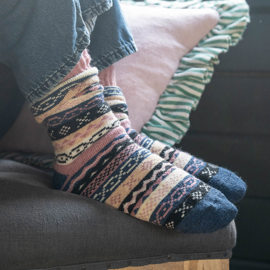 POM Navy/Pink Mix Multi Pattern Stripe Socks