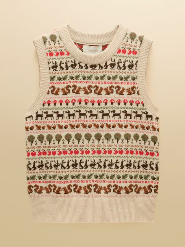 Joules Orchard Pattern Oatmeal Cotton Blend Crew Neck Knitted Vest