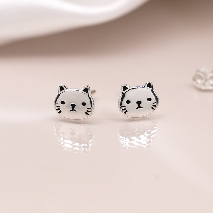 POM Sterling silver cat face stud earrings