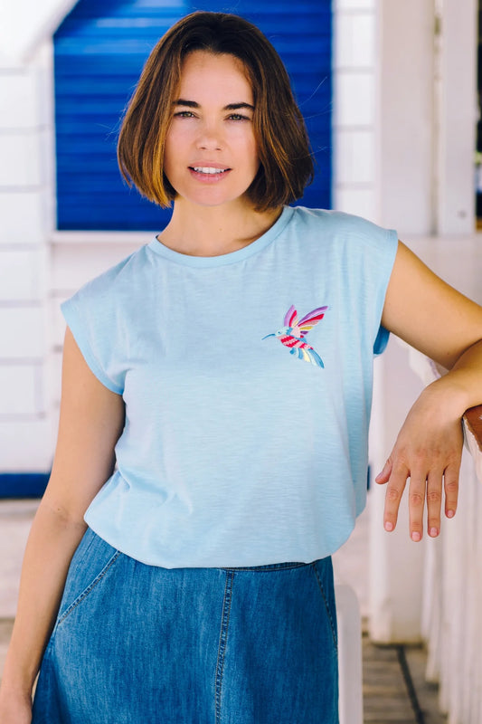 Sugarhill Chrissy Relaxed Tank T-Shirt - Pale Blue, Tropical Hummingbird