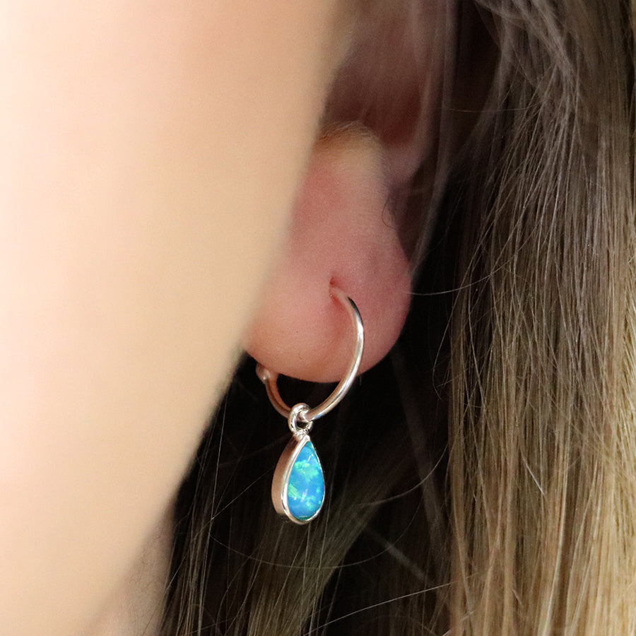 POM Sterling Silver Round Synth Blue Opal Teardrop Earrings