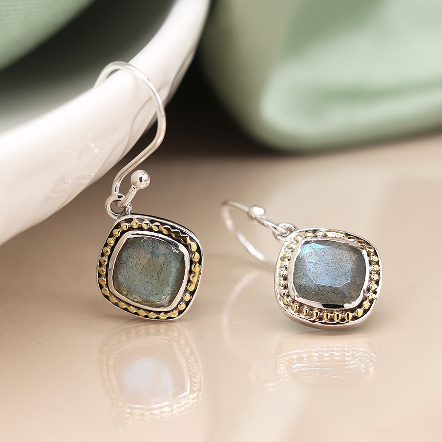 POM  Labradorite Sterling Silver Earrings with Brass Dotted Border