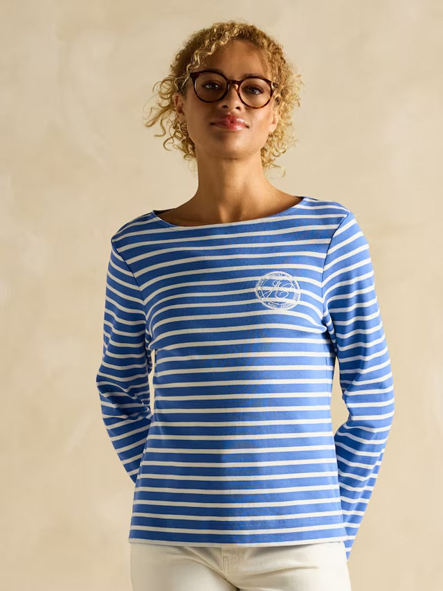 Joules Harbour Blue Stripe Embroidered Boat Neck Breton Top