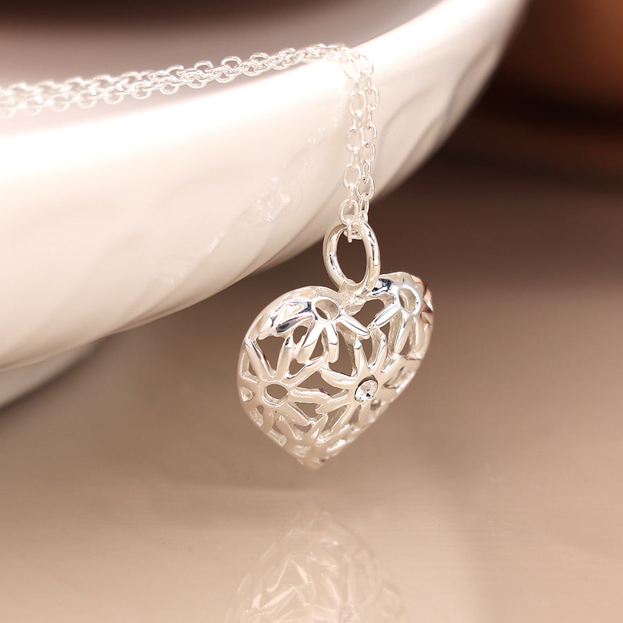 POM Sterling Silver Jali Heart Necklace with Crystal