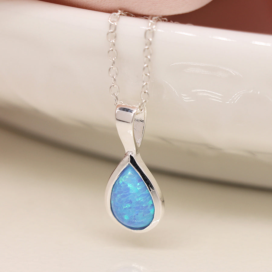 POM Sterling Silver Round Synth Blue Opal Teardrop Pendant Necklace