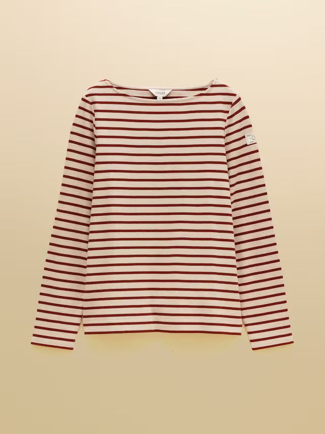 Joules Harbour Oat Marl & Russet Long Sleeve Striped Boat Neck Breton Top