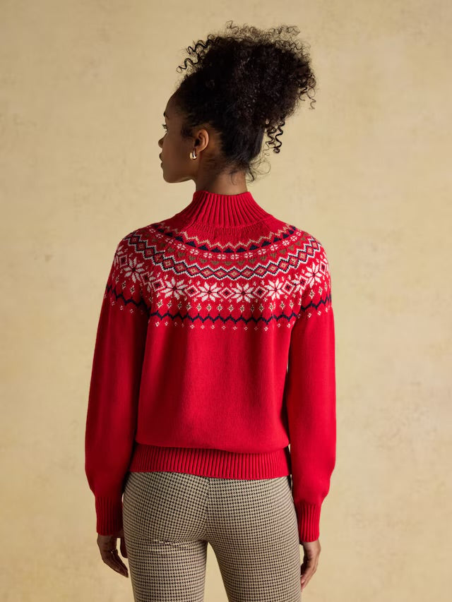 Joules Alba Red Fairisle High Neck Cotton Blend Jumper