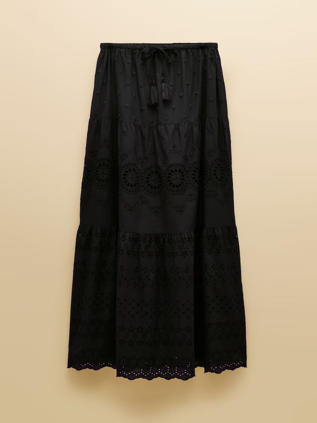 Joules Broderie Tiered Black Maxi Skirt